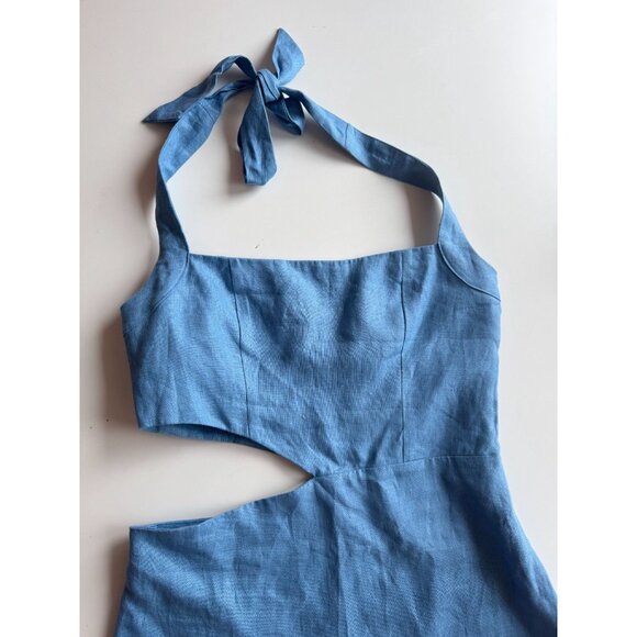 REFORMATION Valli Parisian Blue Linen Cut Out Mini Halter Dress, Size 8 - Picture 6 of 13